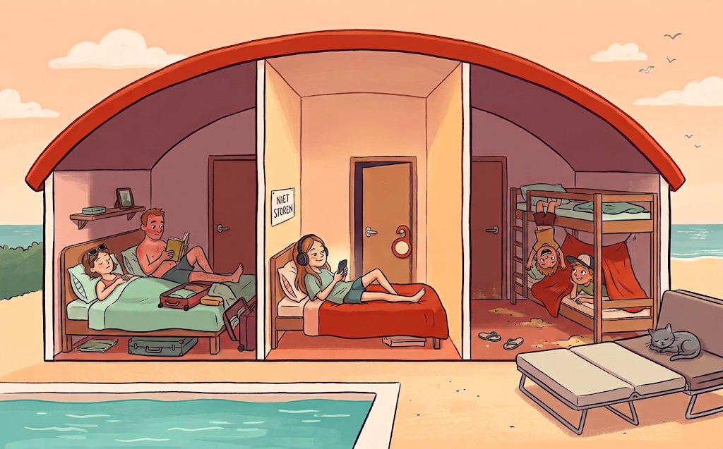 Illustration: a holiday house cut open like a dollhouse. Mum and Dad in room one, a teenage girl relaxing on her own bed in room two, and her two little brothers on a bunk bed in room three.